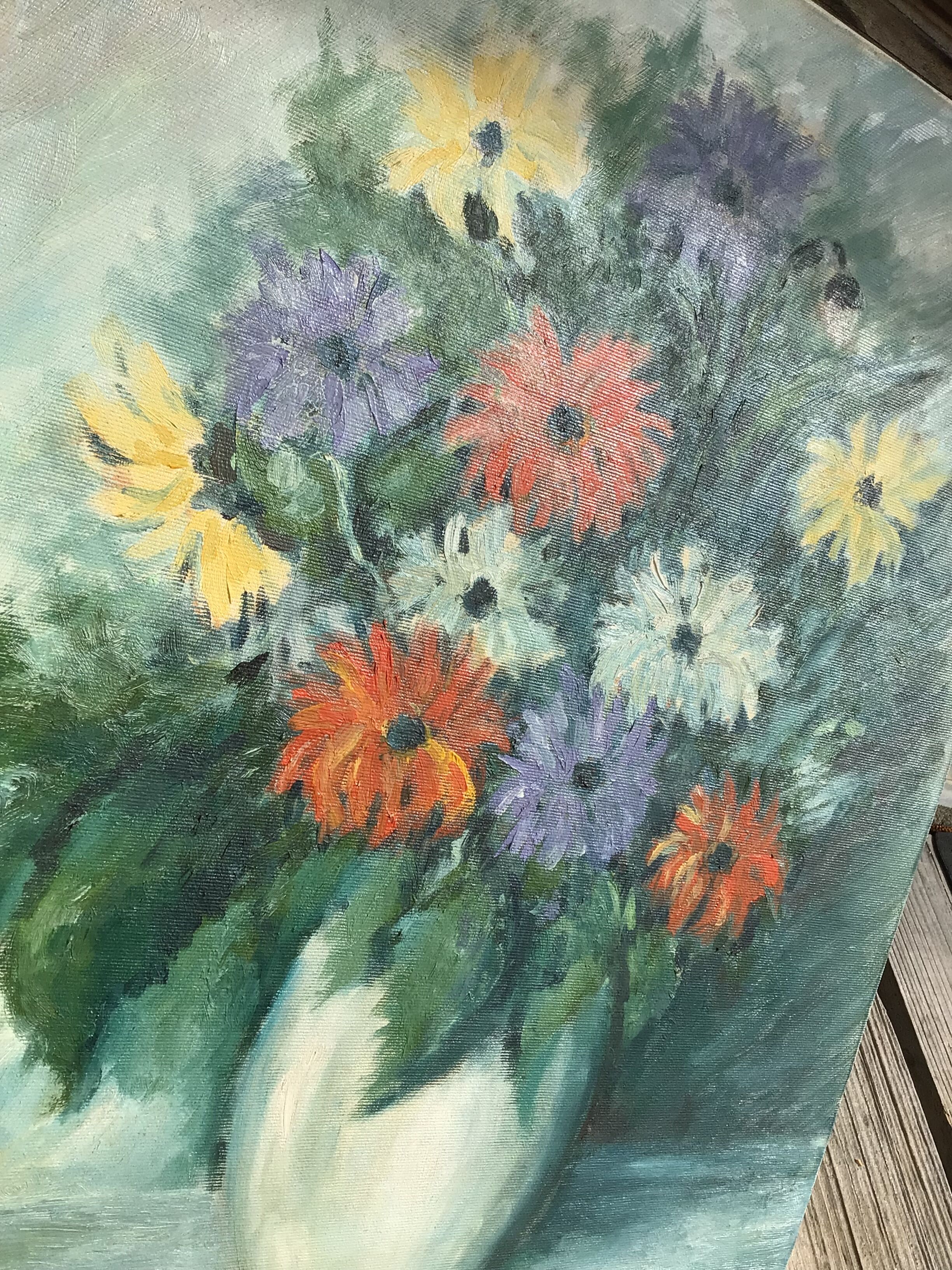 Oil bouquet table signed JM. Salve 1985