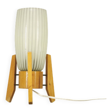1970s Czech Mid-Century Glass and Wood Tripod Table Lamp by Dřevo Humpolec