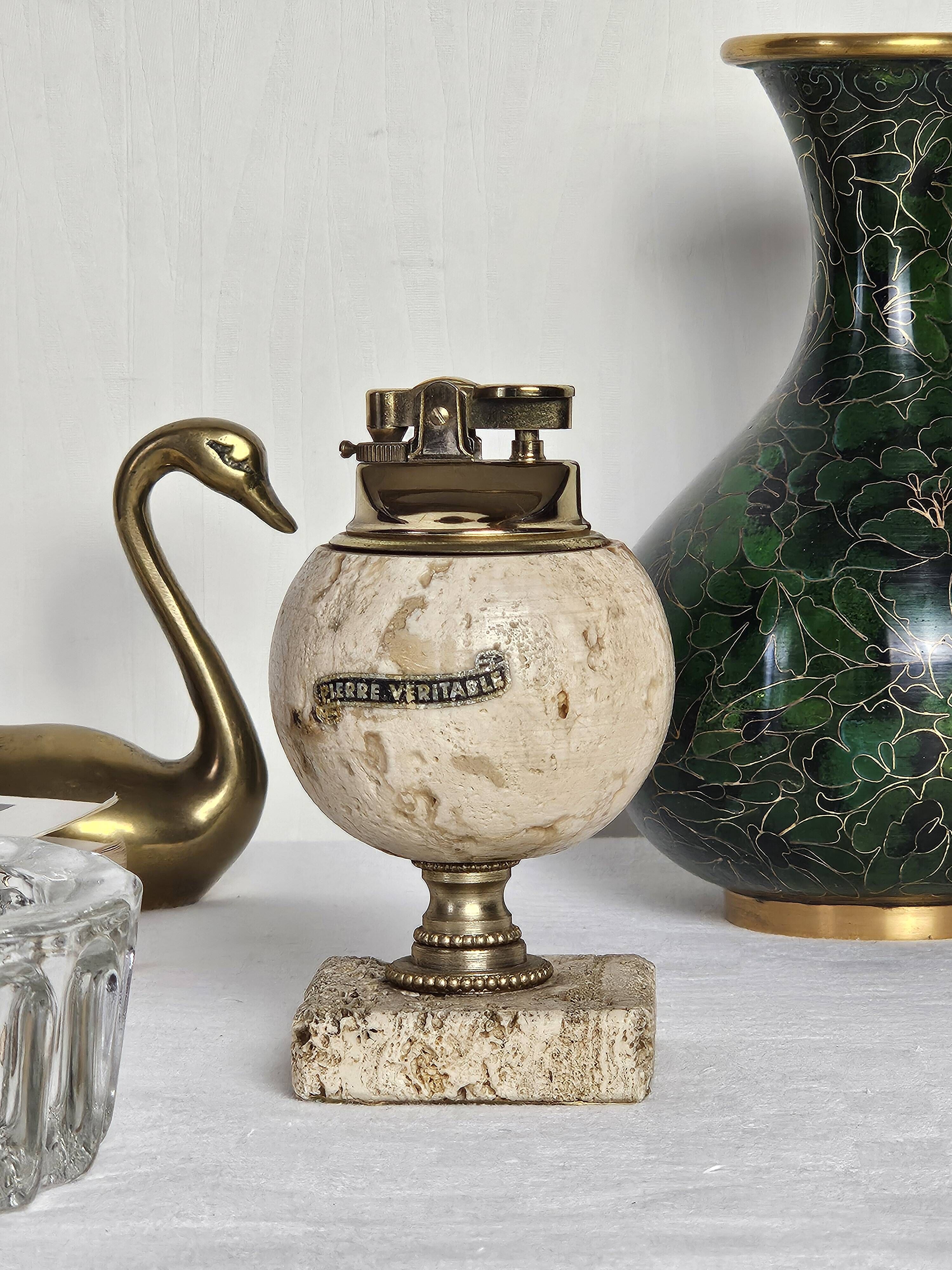 Spherical table lighter in genuine travertine – Italy, circa 1970