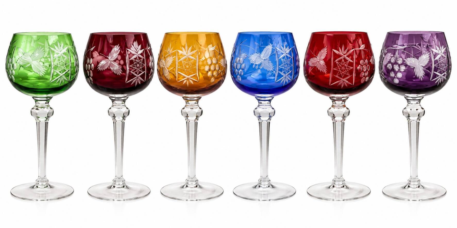 Set of 6 coloured wine glasses, vine decoration, Bohemian style – H. 20 cm