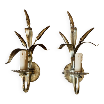 Pair of wheat spike wall lights in gold metal