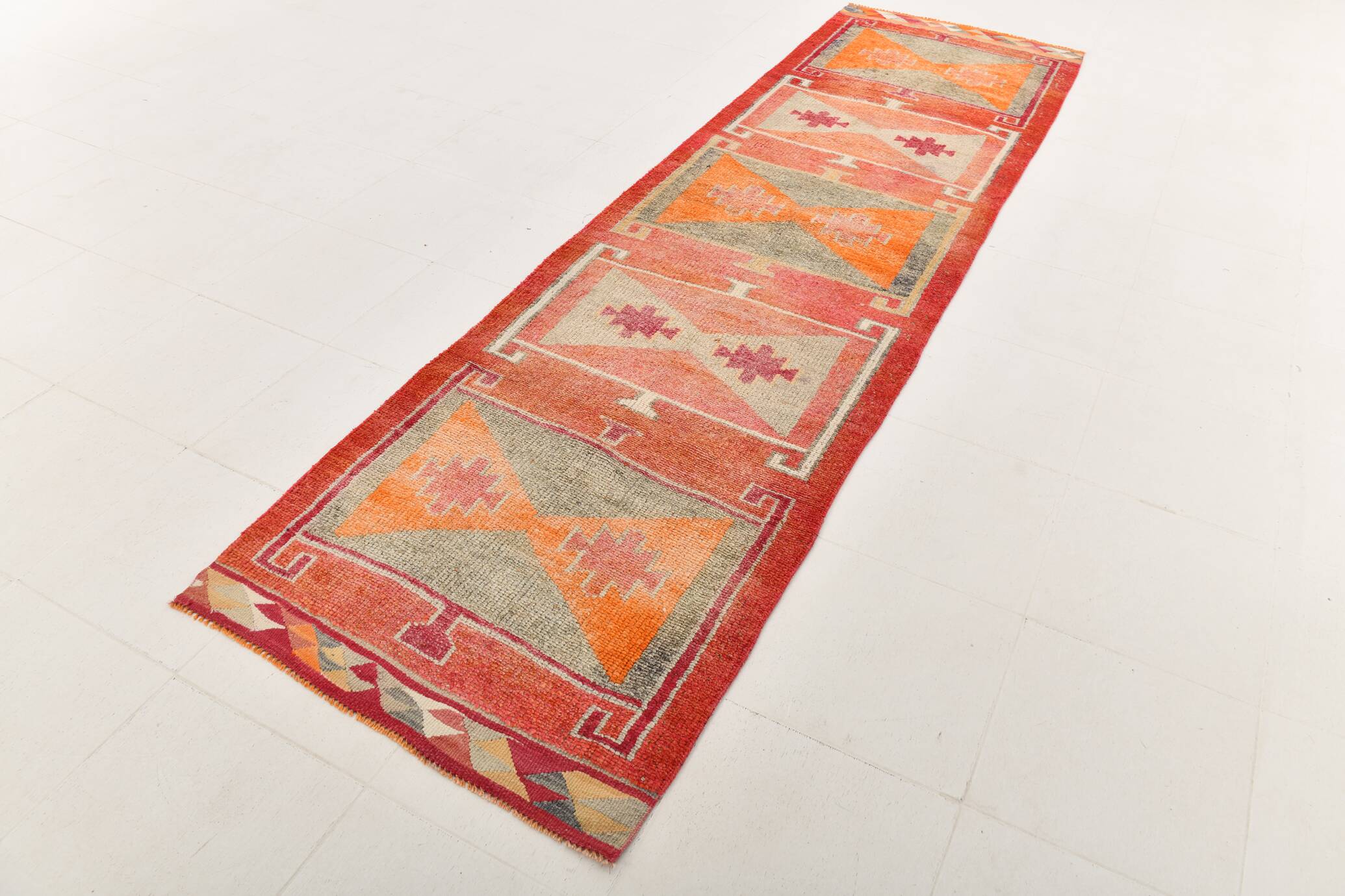 3x12 Turkish Runner Faded Pink & Grey Turkish Wool Runner Rug, 96x352Cm