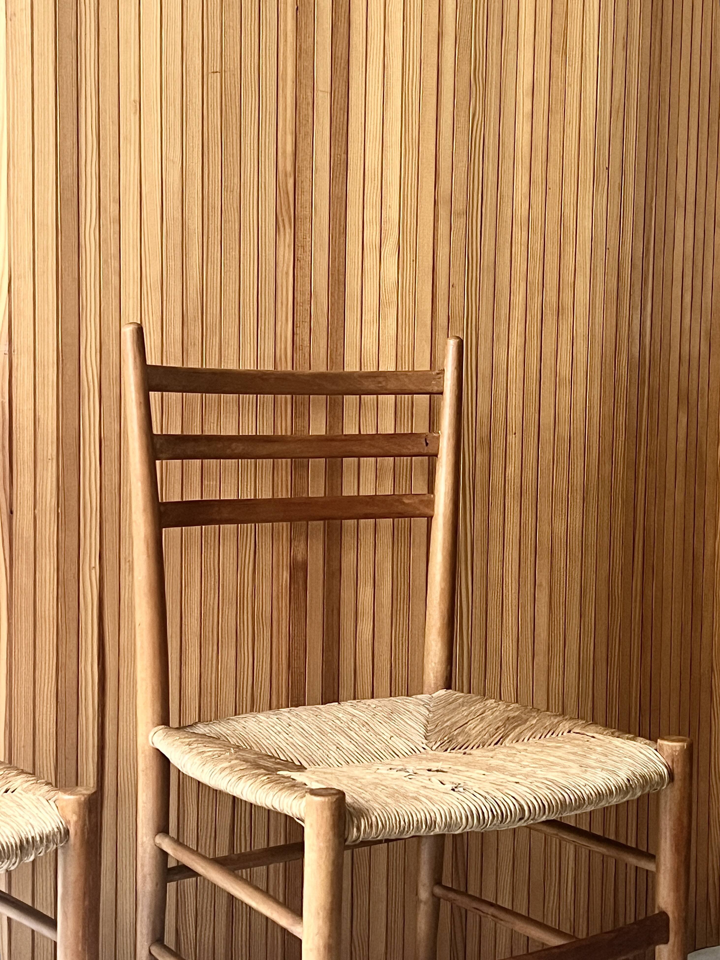 Set of 2 Italian chairs in wood and straw, Gio Ponti style 1950