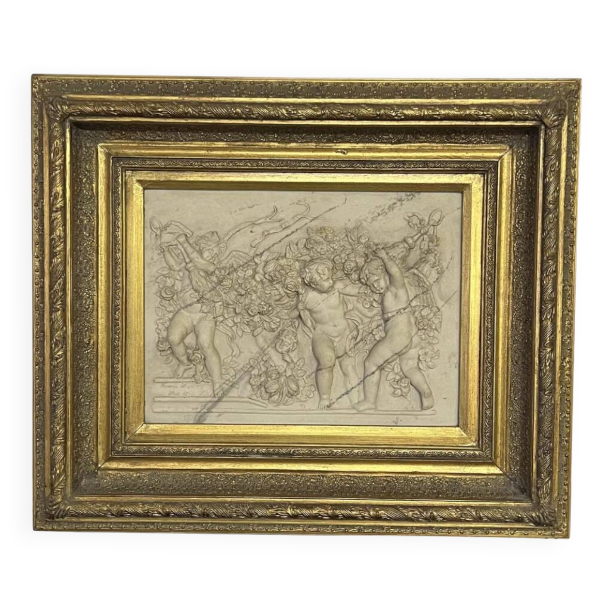 Marble high relief by François Duquesnoy "Putti, garlands and flowers" Paris