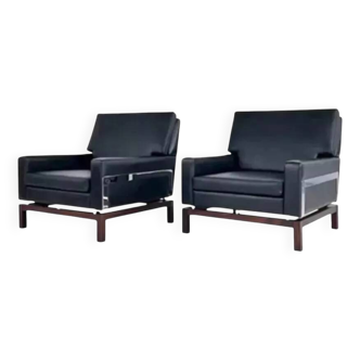 Pair of 50s-60s armchairs in imitation leather, wood and chrome