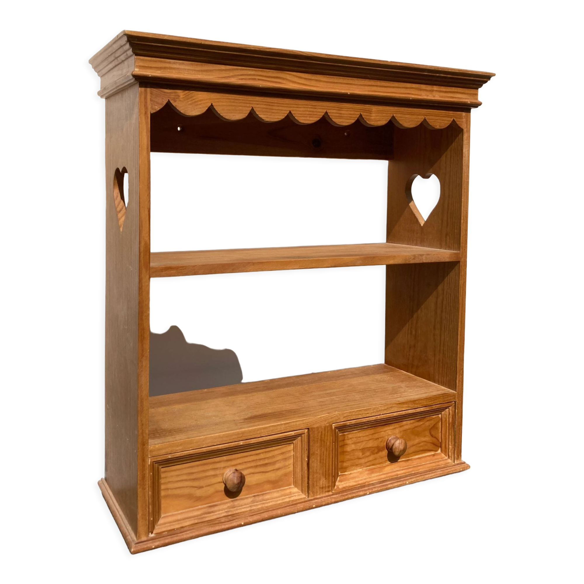 Wall shelf in raw wood with drawers and openwork hearts
