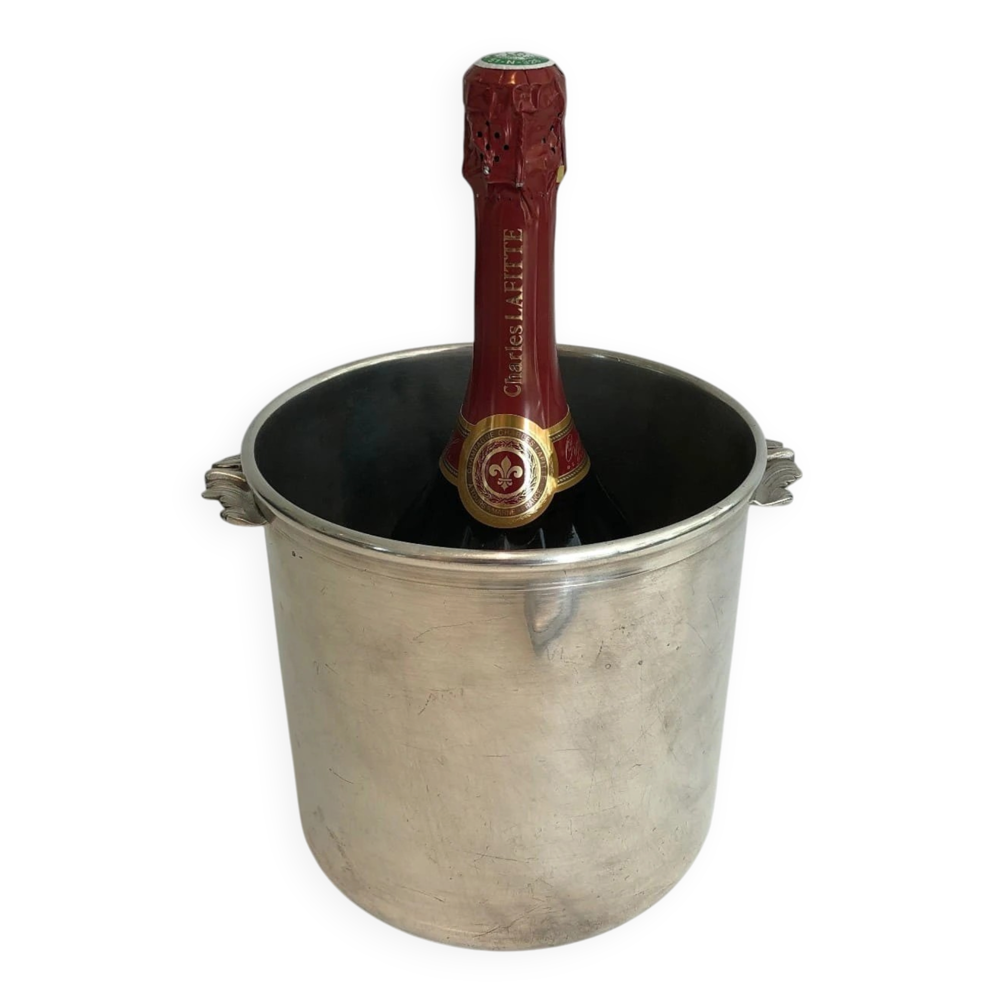 Cylindrical Silver-Plated Champagne Bucket with Small Leaf-Shaped Handles.