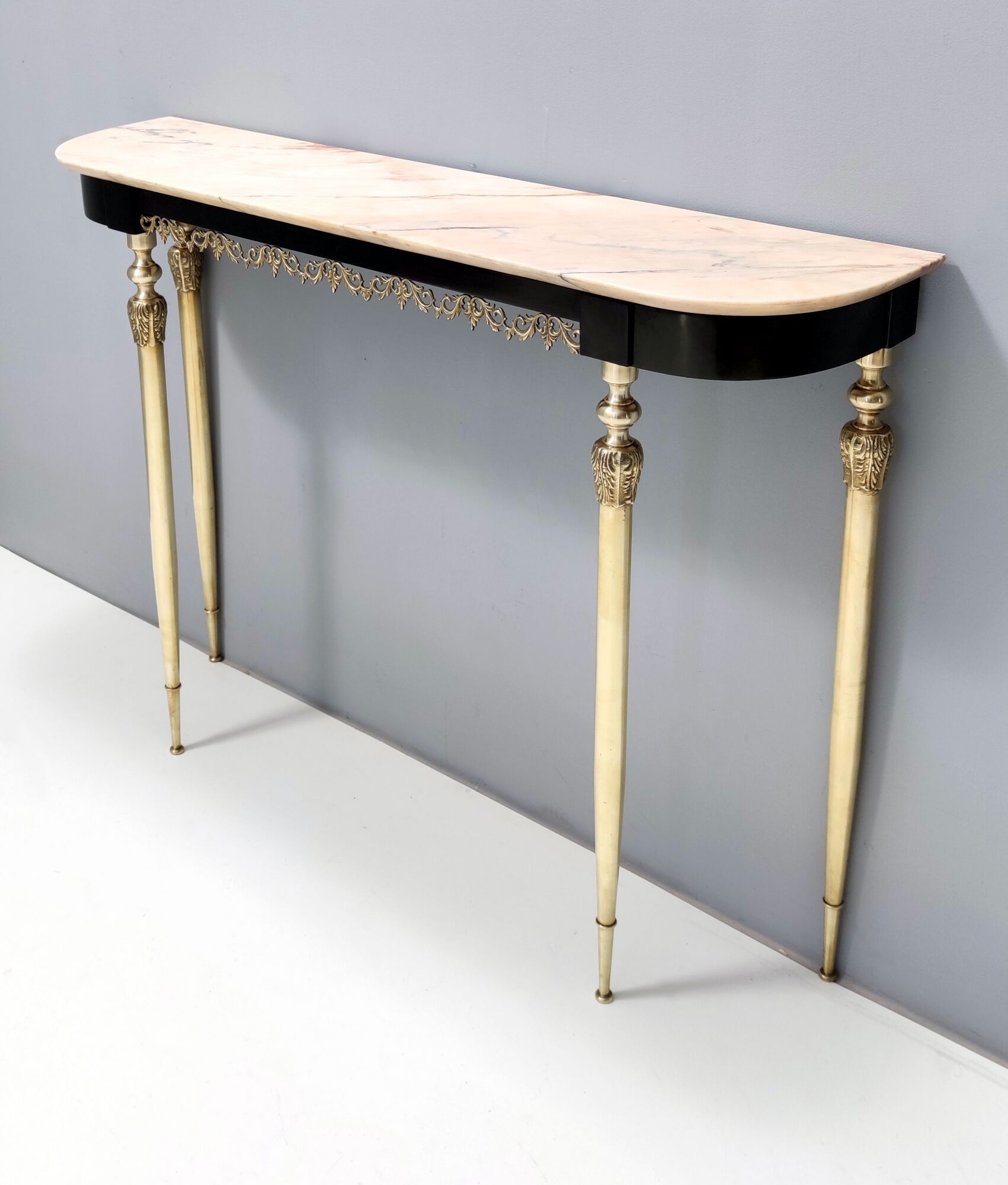 Midcentury ebonized beech console table with a portuguese pink marble top, italy