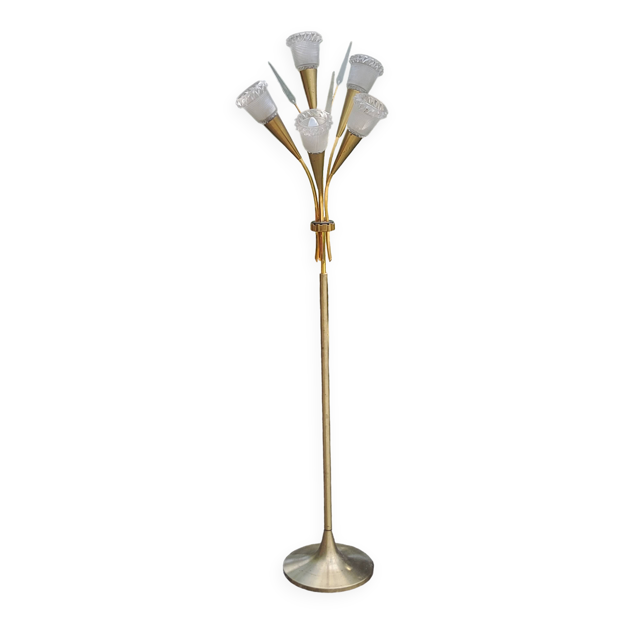 Vintage floor lamp in gilded brass with 5 glass tulips from the 50s