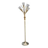 Vintage floor lamp in gilded brass with 5 glass tulips from the 50s