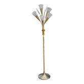 Lampadaire vintage en laiton doré 5 tulipes en verre des années 50