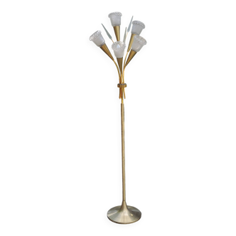 Vintage floor lamp in gilded brass with 5 glass tulips from the 50s