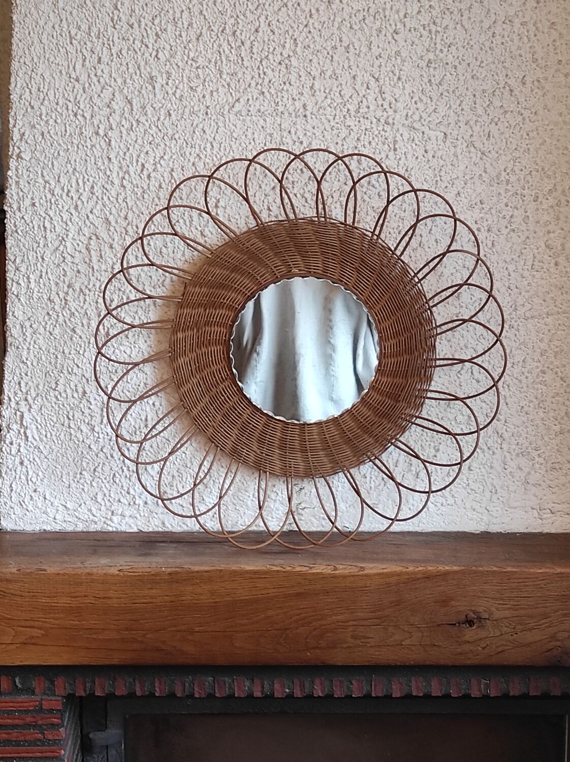 Miroir fleur soleil vintage en osier rotin verre biseauté
