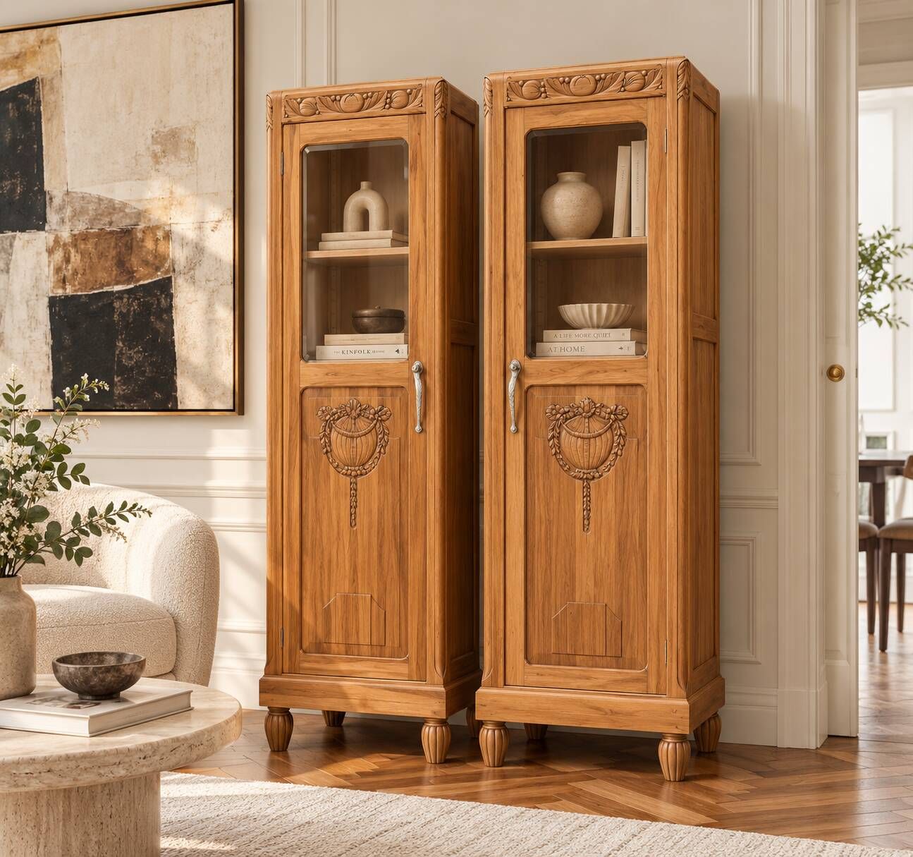 Rare pair of Art Deco glass columns in solid walnut – renovated