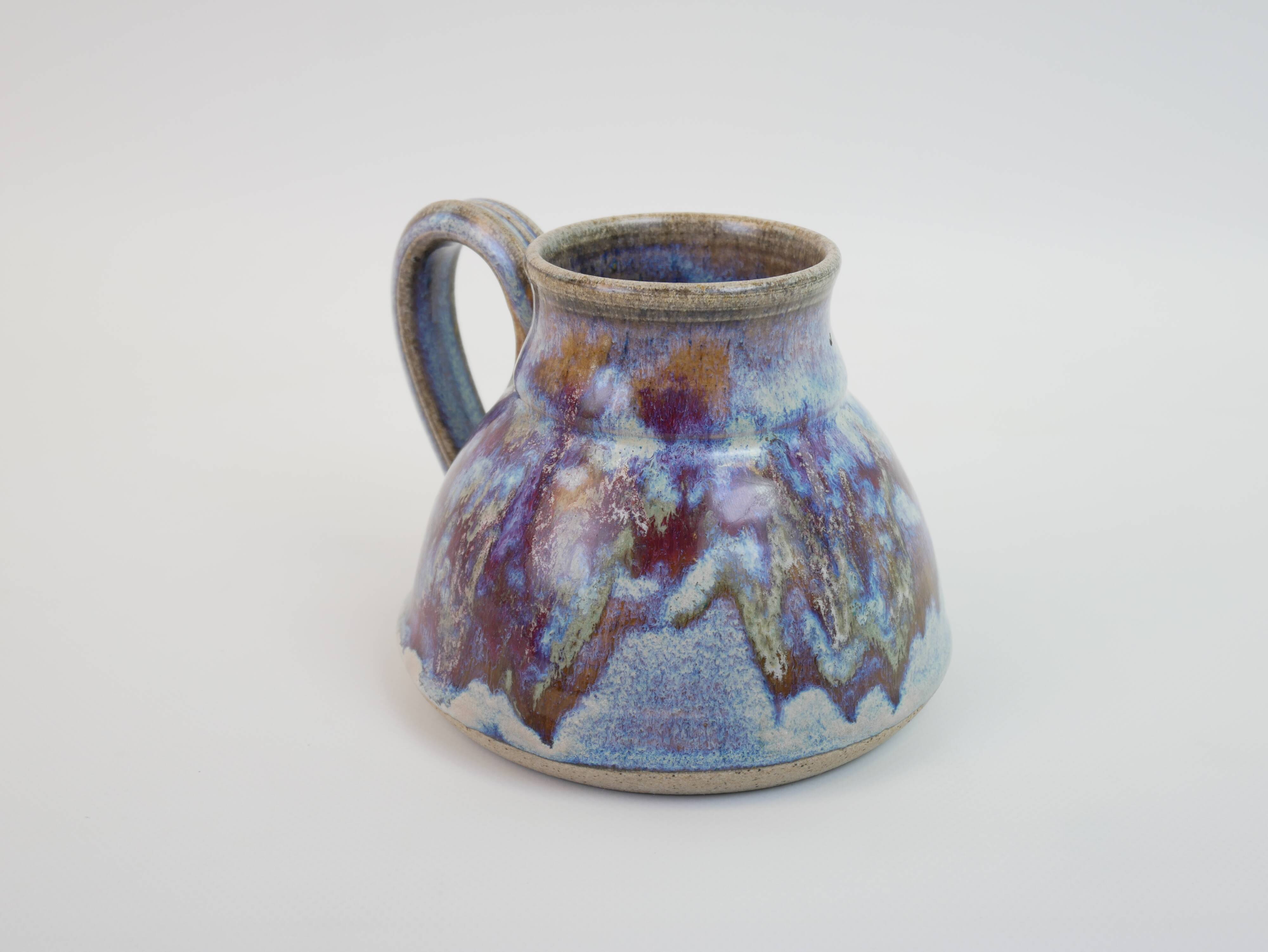 signed blue purple enamel ceramic pitcher