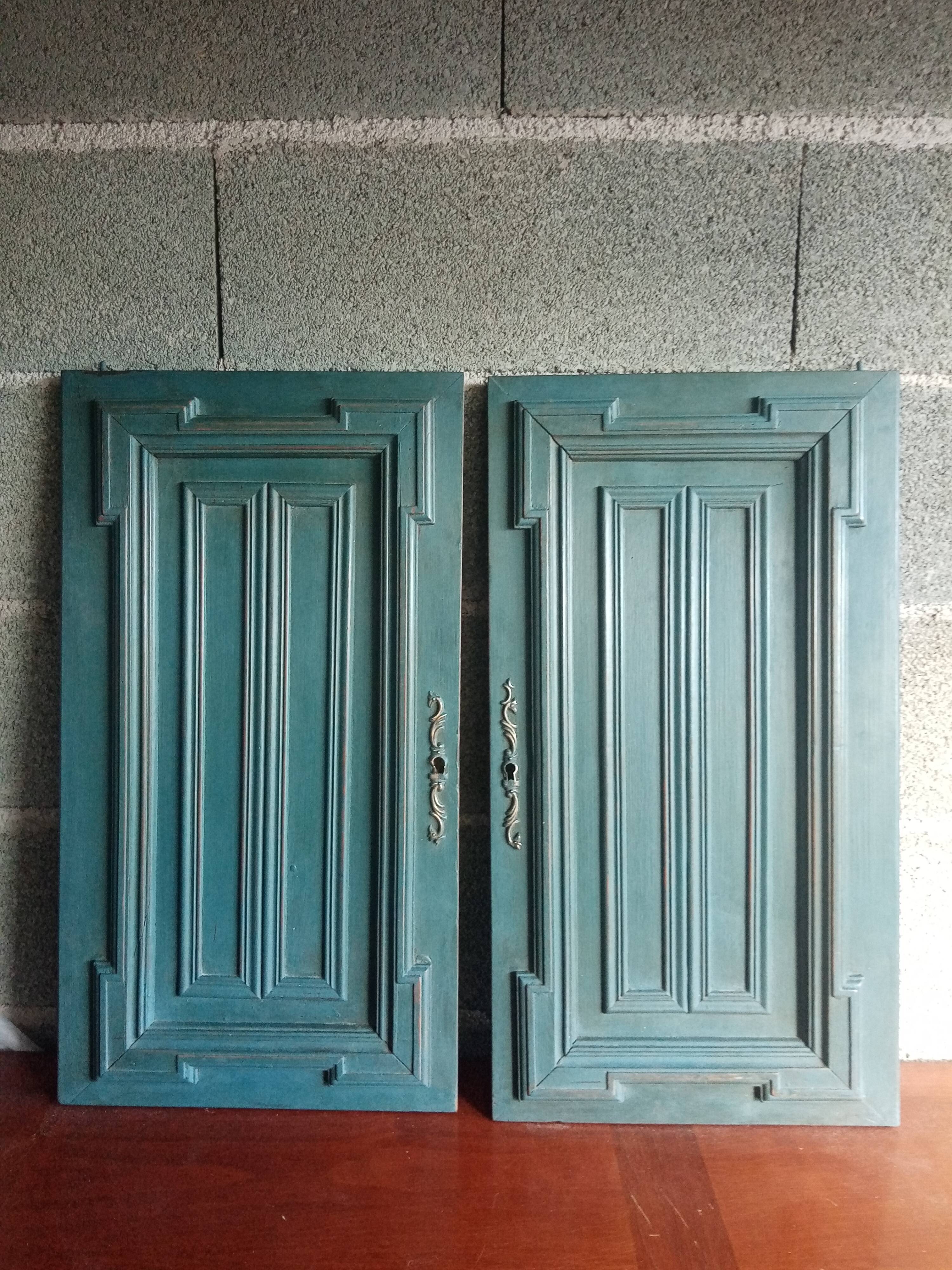 Pair Old Patinated Door Blue Aubusson Wooden Door Deco
