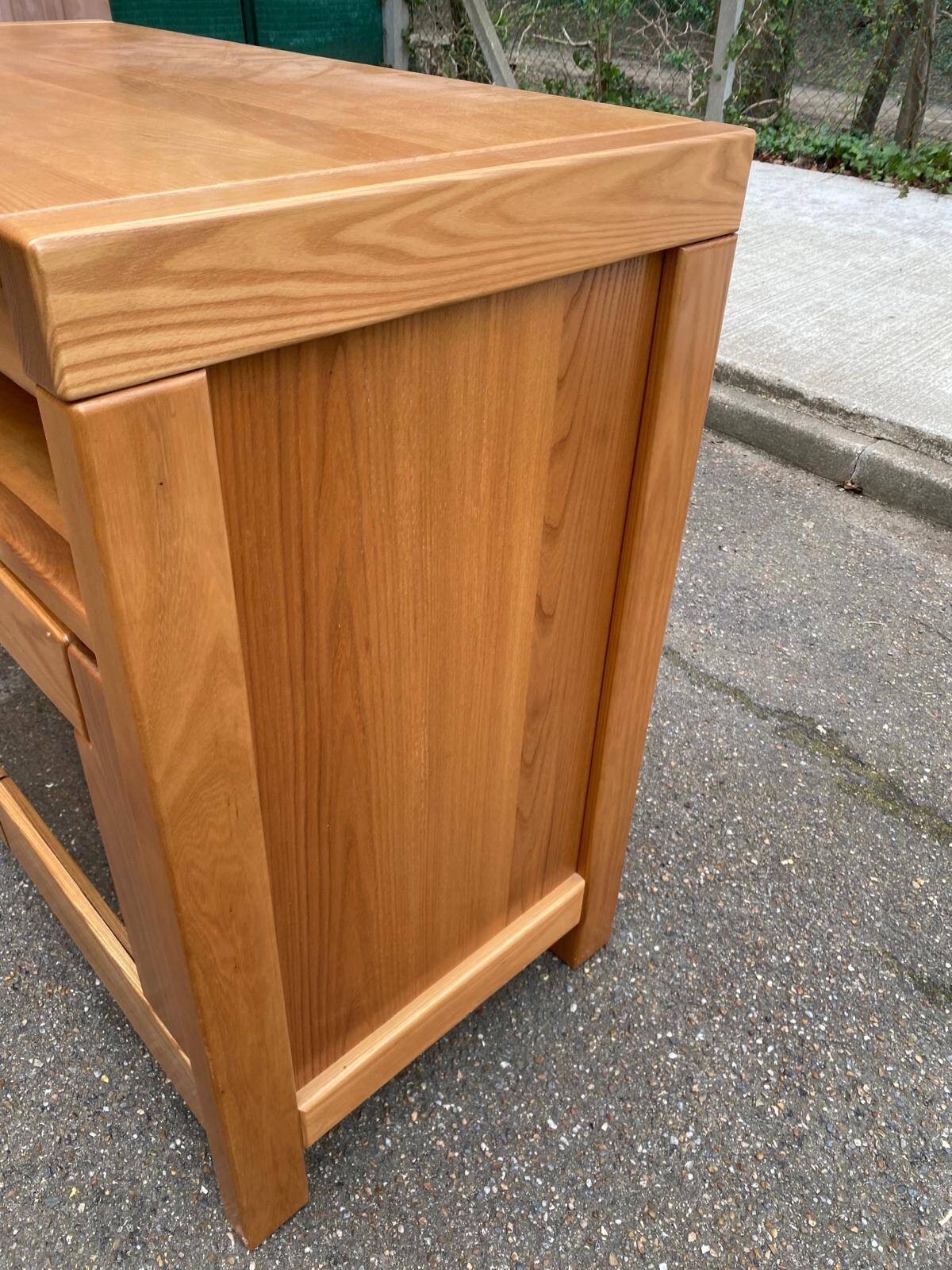 Glass-fronted Scandinavian oak sideboard from the 1980s.