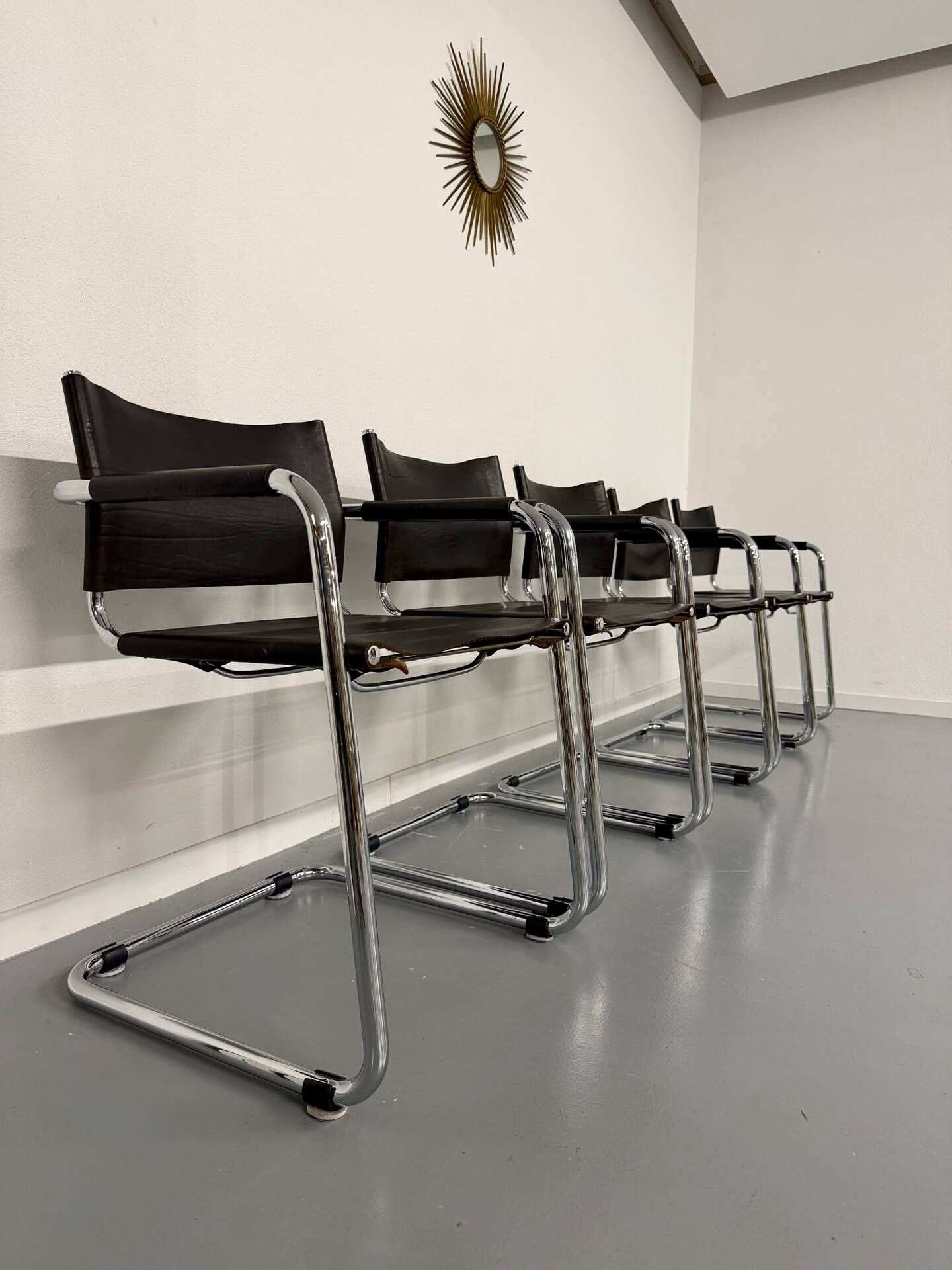 Lot of 5 tubular metal leather chairs designed by Mart Stam, Bauhaus, 1970s.
