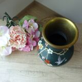 Vintage cloisonné green chinese vase with flower and bird pattern