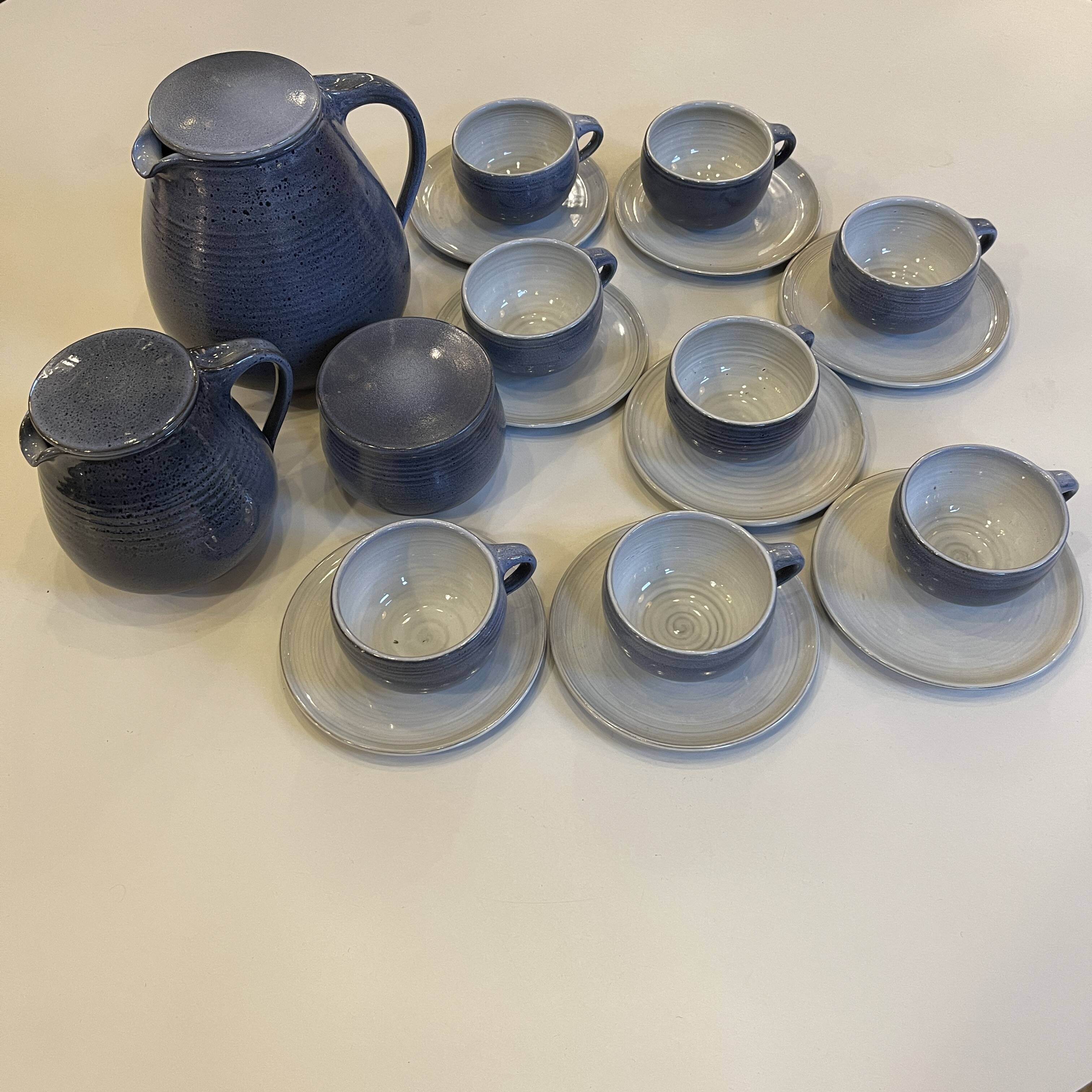 complete blue coffee service in enameled ceramic, Bernard Thiran, ca 1970
