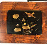 Series of three nesting tables, lacquer decorated with trendy birds and marquetry. circa 1900