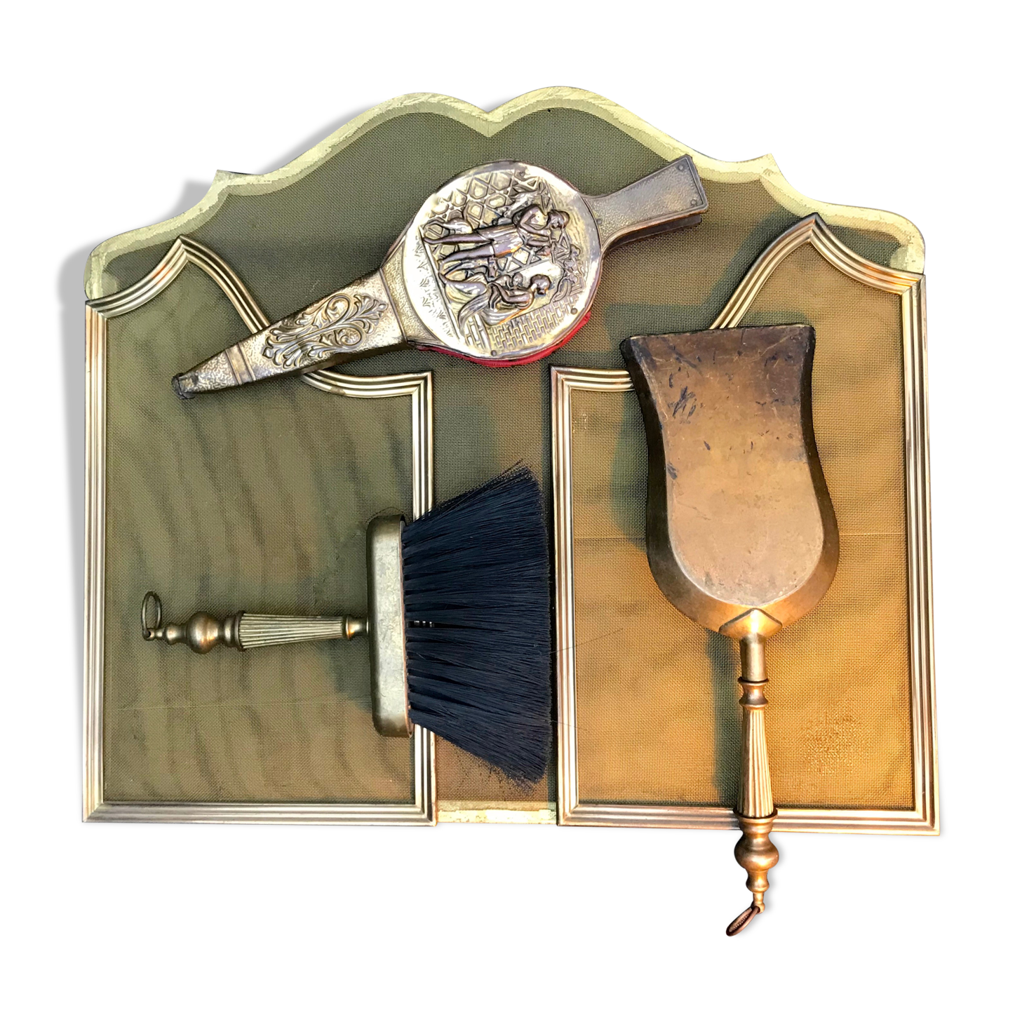 Old fire screen and accessories brass fireplace 1940 spark arrest fireplace firescreen