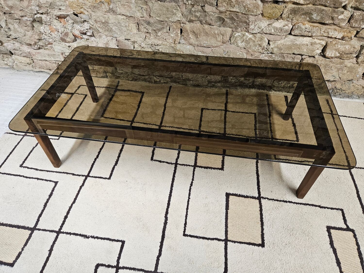 Vintage 1970s smoked glass wood coffee table