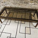 Table basse bois verre fumé vintage 1970"