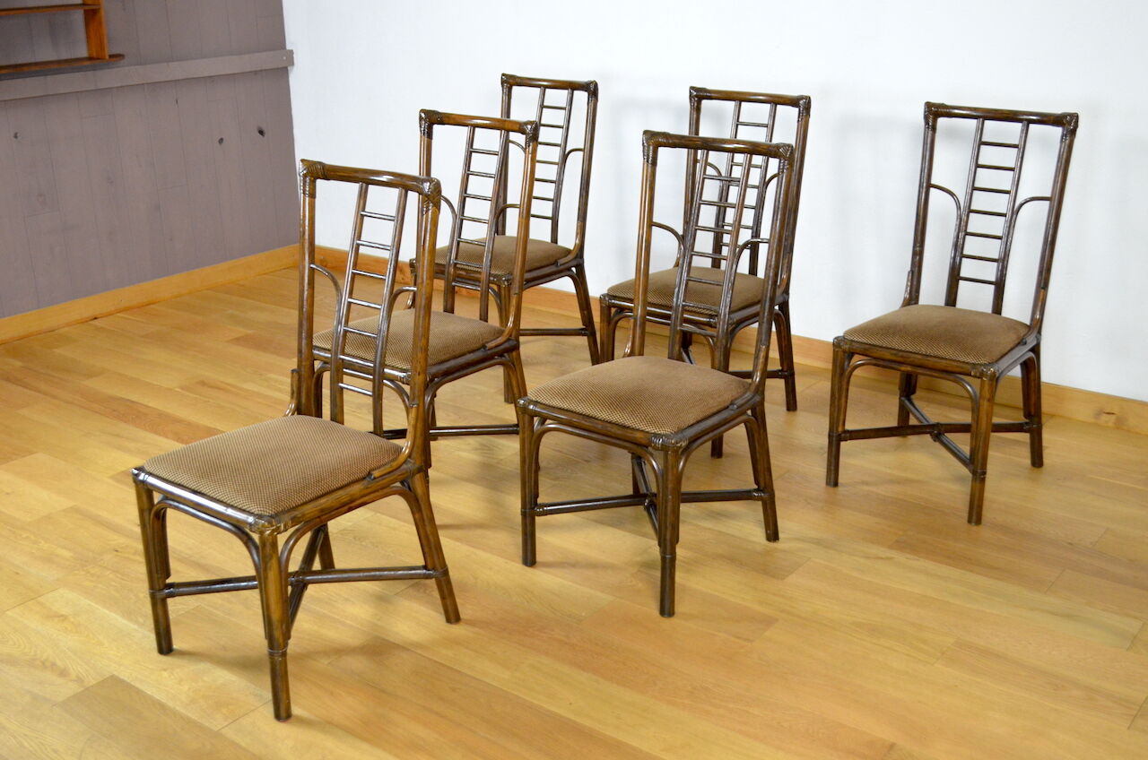 Series of 6 bamboo chairs & fabric 1980