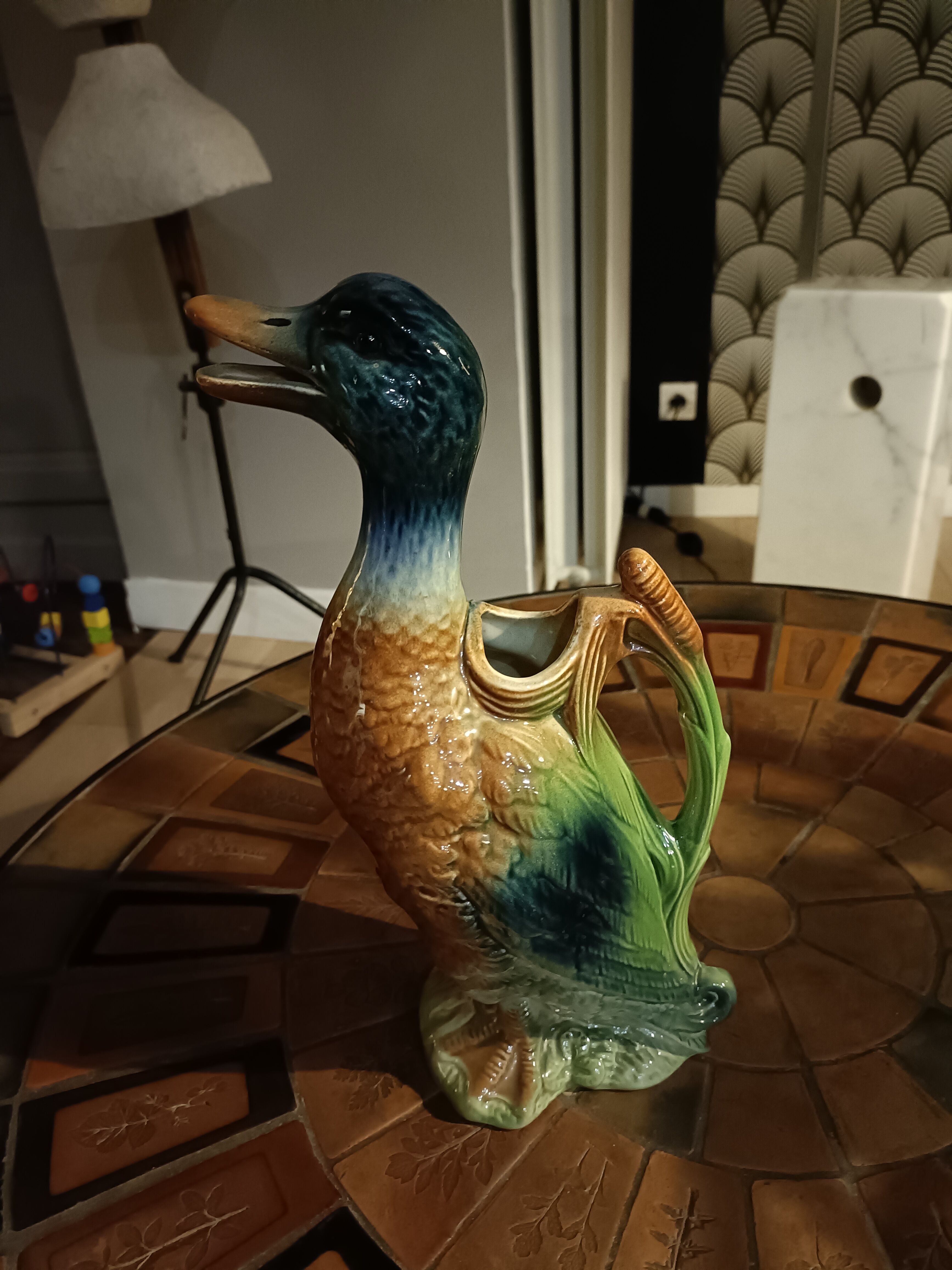 Duck slip signed Saint Clement, earthenware pitcher France