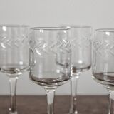 5 crystal digestive stemmed glasses engraved with laurel leaf frieze