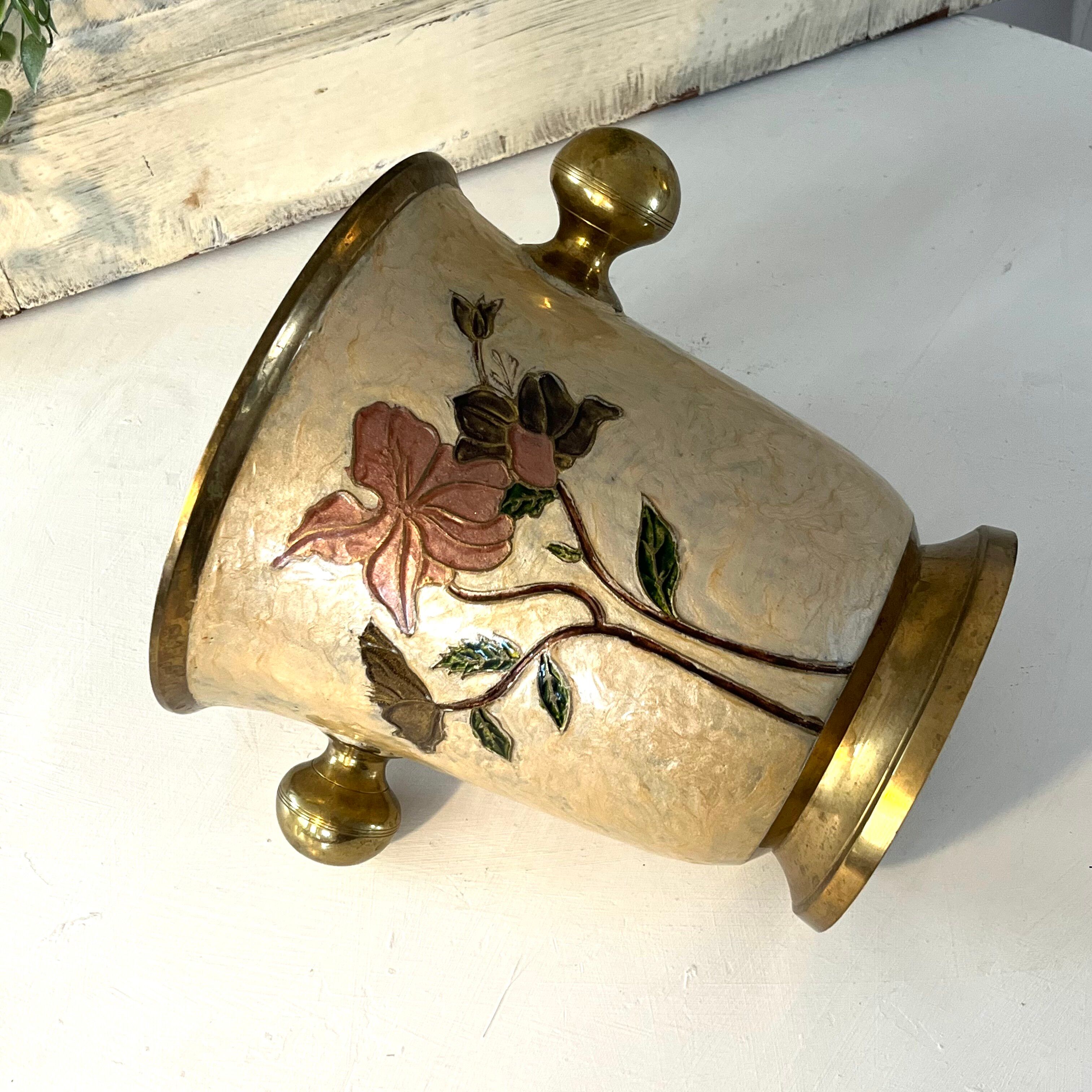 Rare French Art Nouveau Cloisonne Brass Champagne Cooler with Orchid E