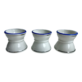 Trio de coquetiers diabolo blanc liseré argenté et bleu vif années 50