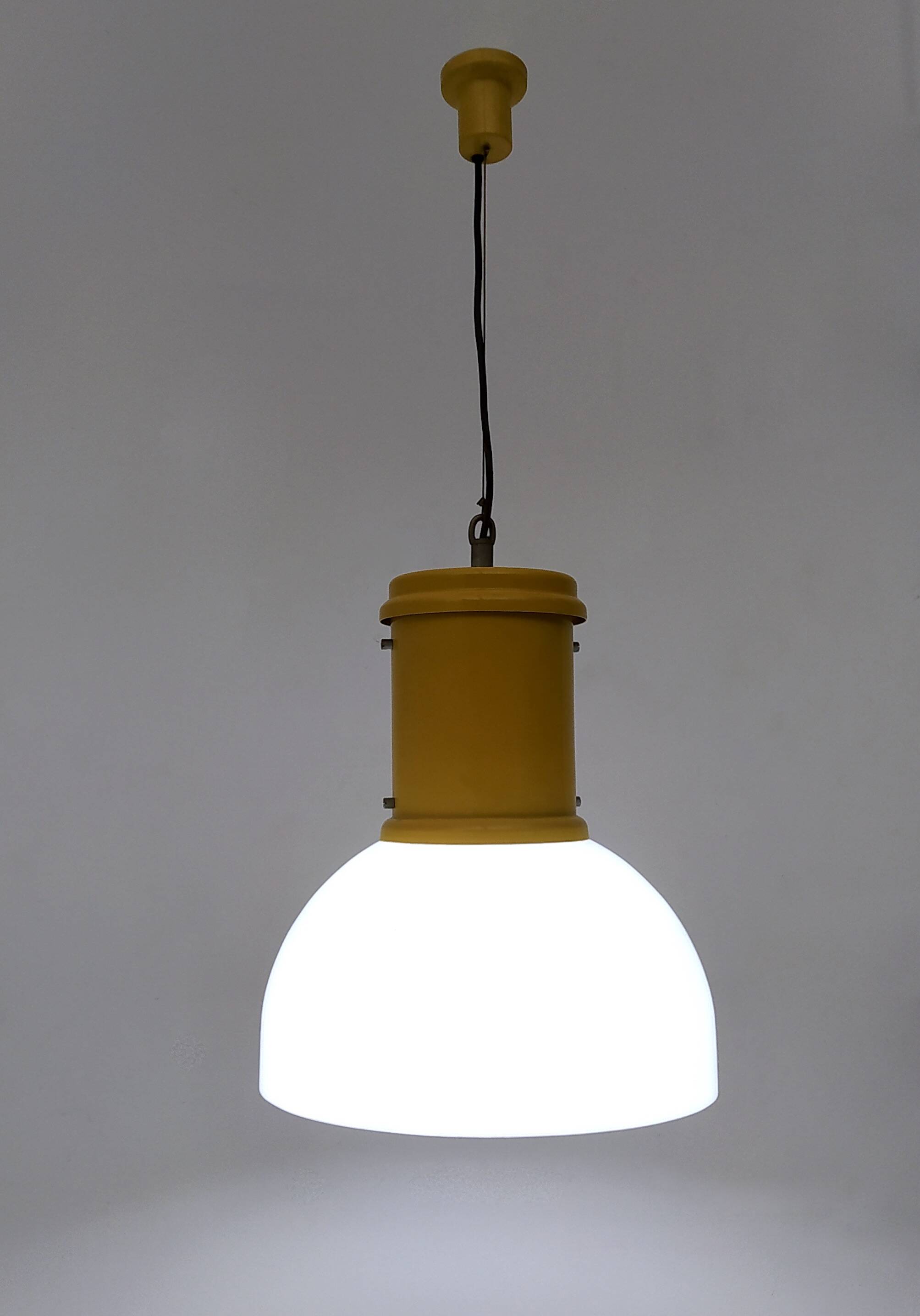 Industrial White Plexiglass and Yellow Varnished Aluminum Pendant, Italy