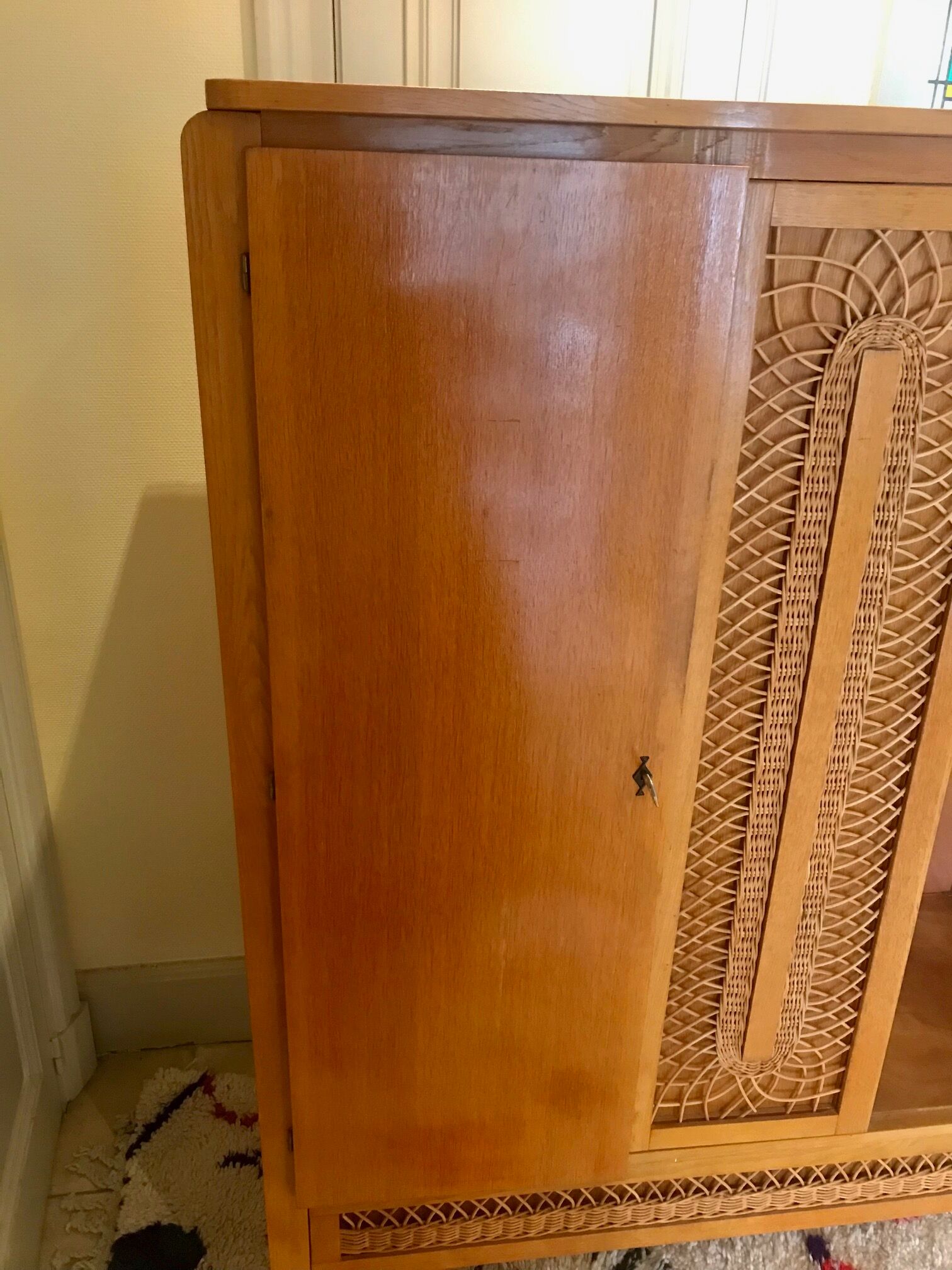 Wood cabinet and rattan 60s