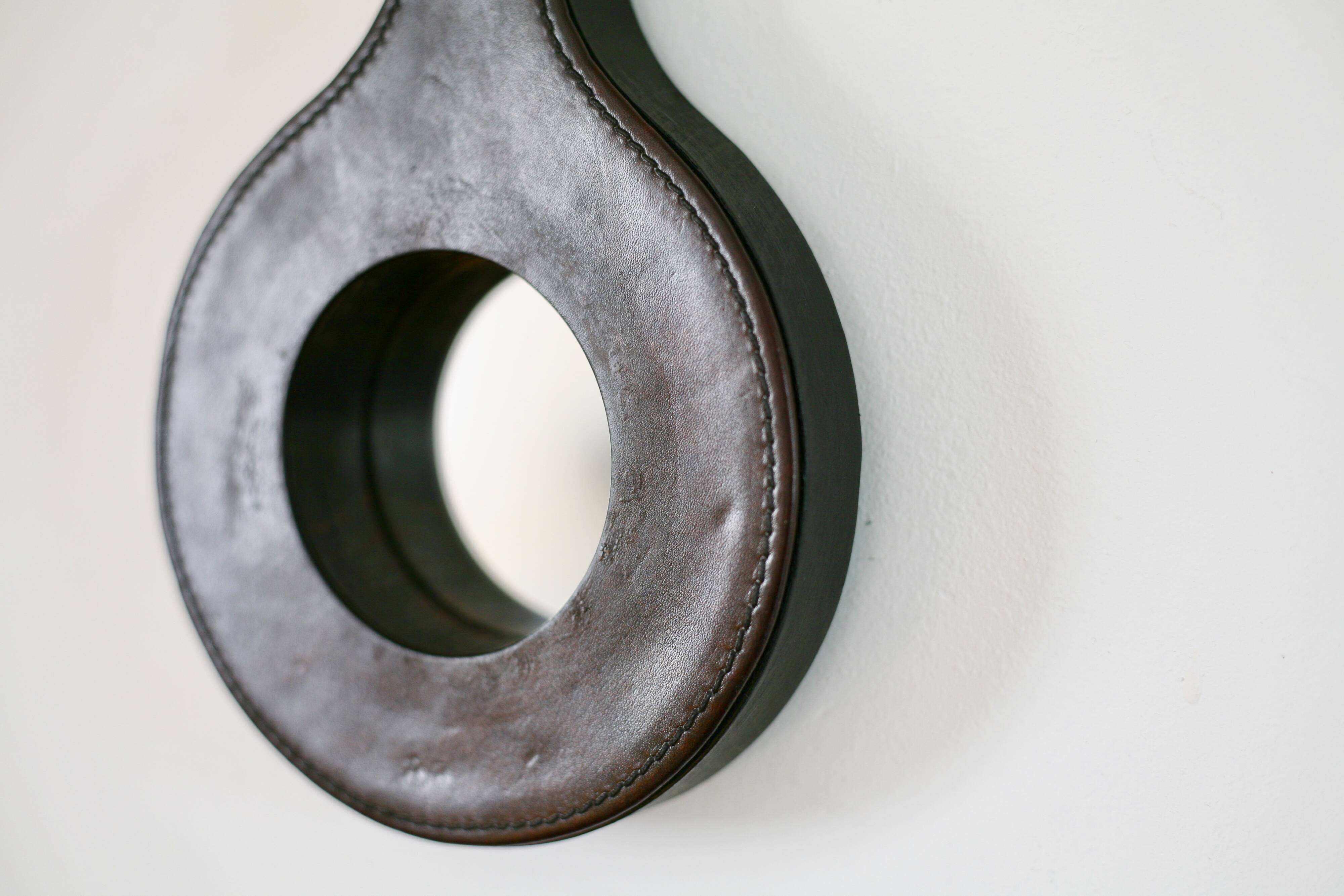 Lancel mirror, leather and wood, France 1960s