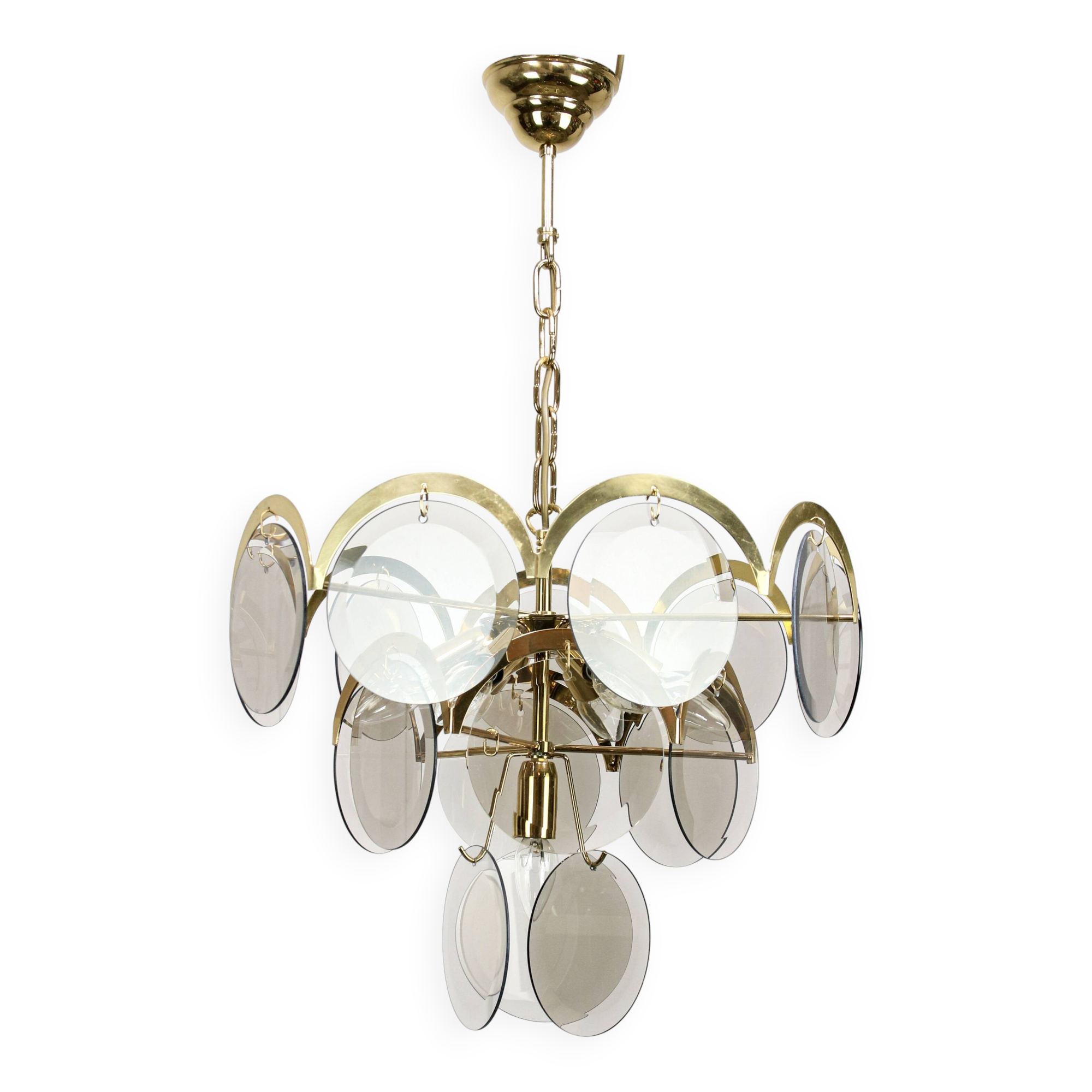 Vintage Vistosi Chandelier: Smoked Glass Discs, Gold Metal, 1970s Italian P