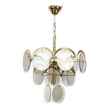 Vintage Vistosi Chandelier: Smoked Glass Discs, Gold Metal, 1970s Italian P