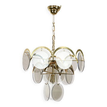 Vintage Vistosi Chandelier: Smoked Glass Discs, Gold Metal, 1970s Italian P