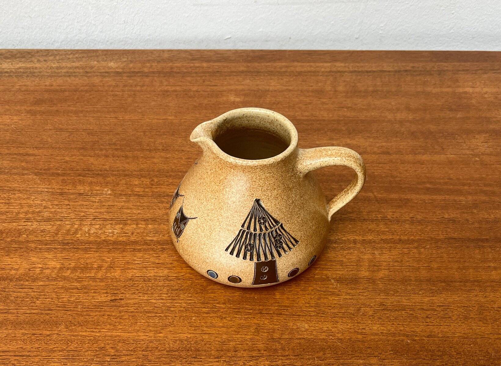 Mid-century German ceramic studio pitcher with owl motif by Heinz Theo Dietz, 1960s.