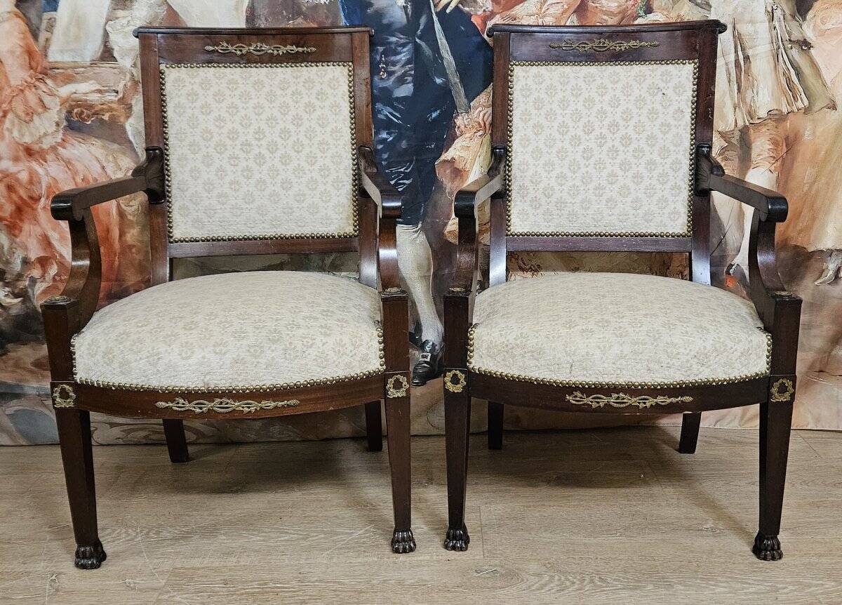 Pair of Empire period armchairs in mahogany, dating from the early 19th century.