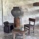 Stool, tabouret or low Japanese-style armchair in brutalist monoxyle radica.