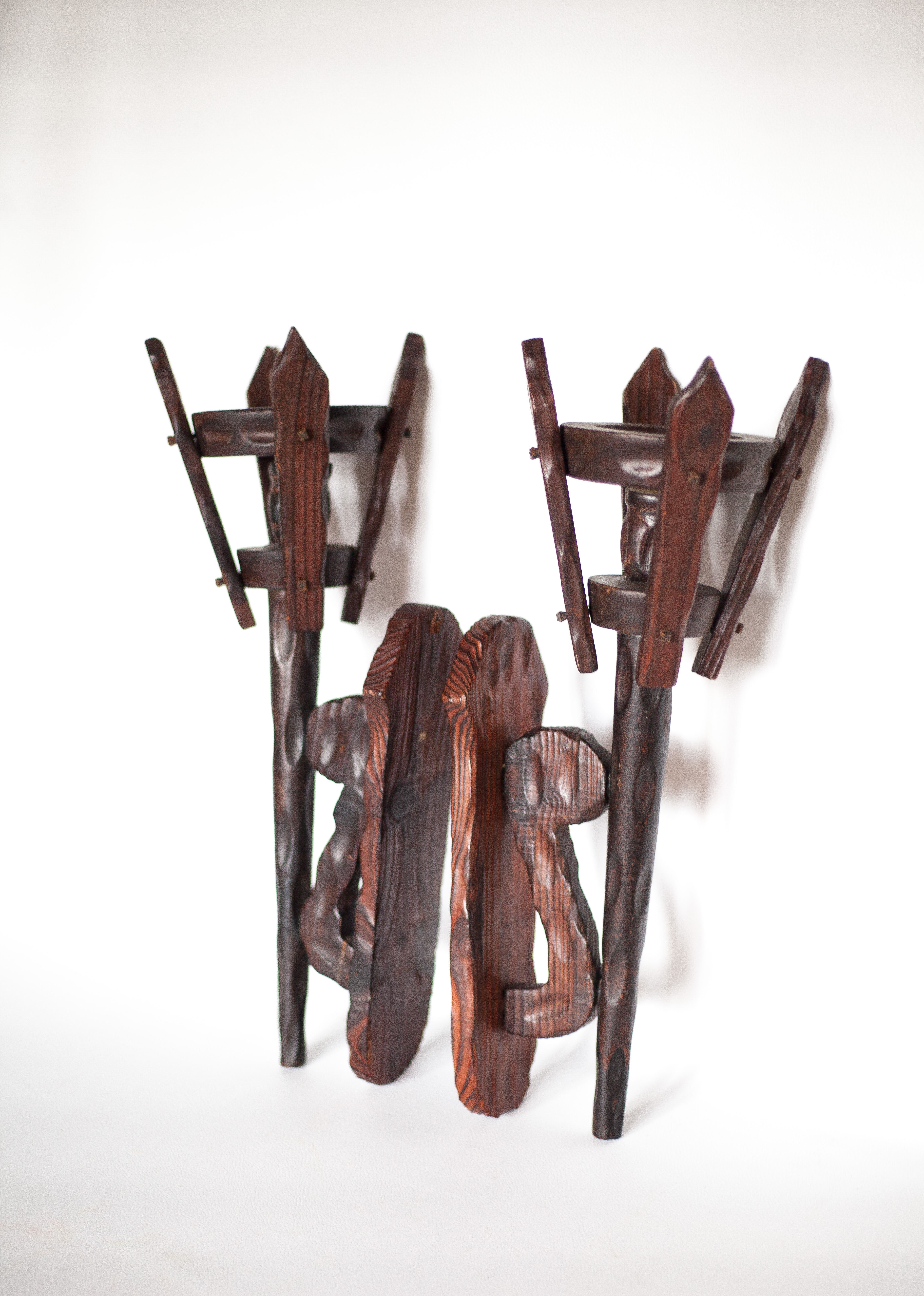 Pair of brutalist wood candle holders