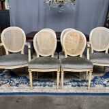 Set of four Louis XVI style chairs and two armchairs.