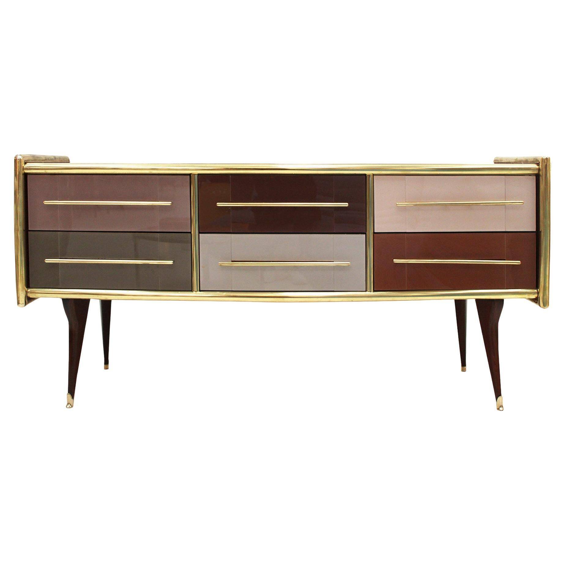 Mid-Century Modern Style Solid Wood and Colored Glass Italian Sideboard