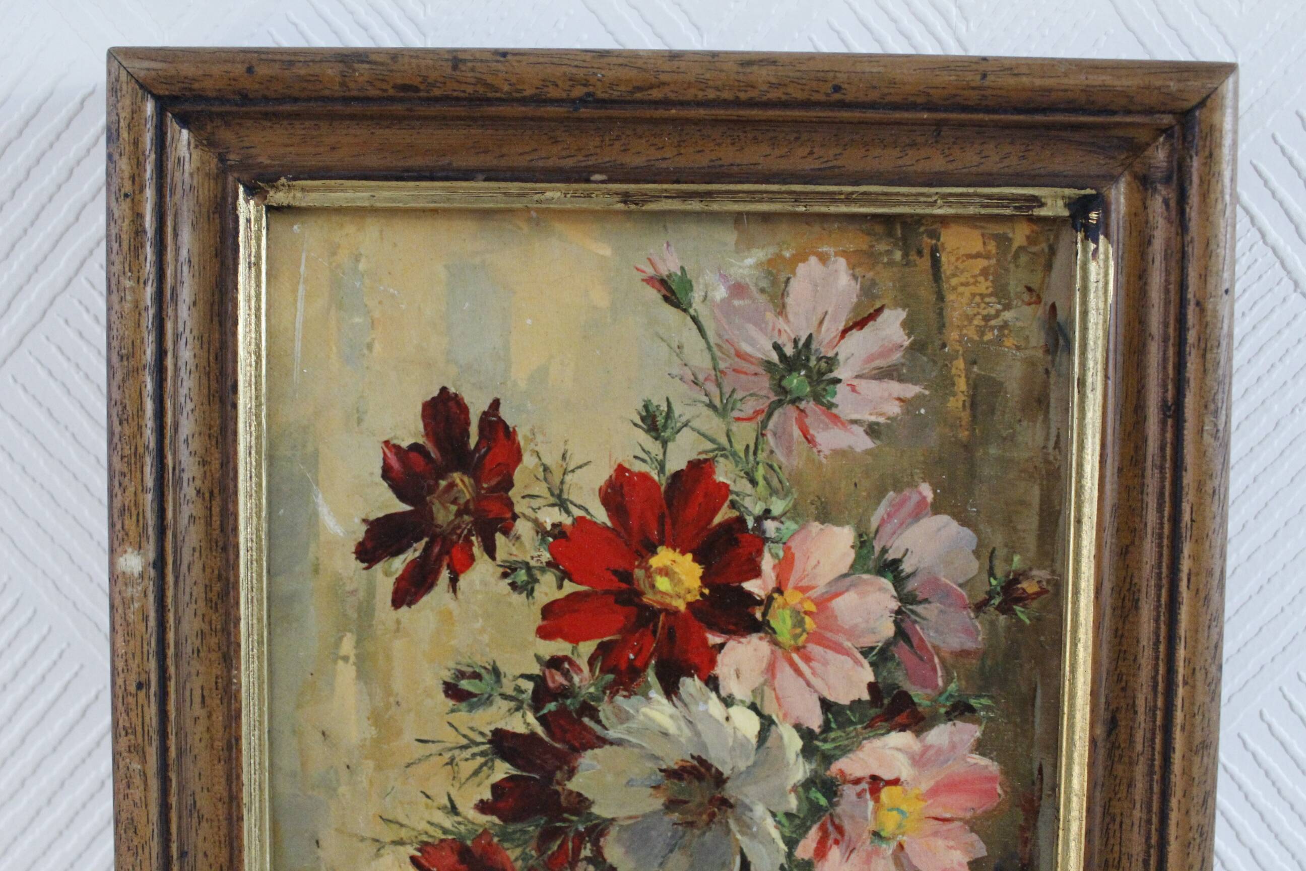 Oil on cardboard signed - still life, bouquet of cosmos