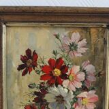 Oil on cardboard signed - still life, bouquet of cosmos