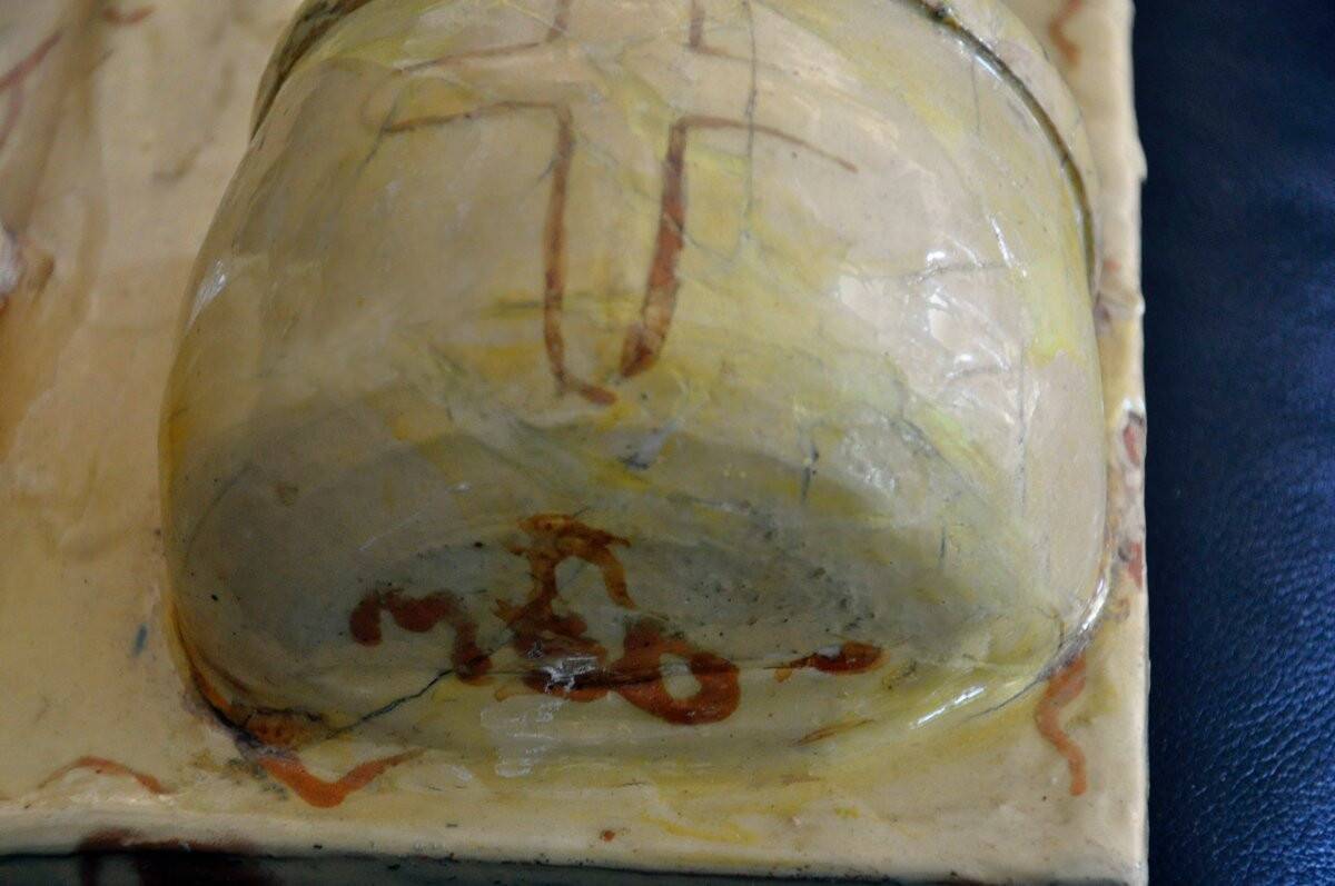 Terracotta plaque signed MSD Anne Dangar Moly-Sabata enamelled with double holy water font