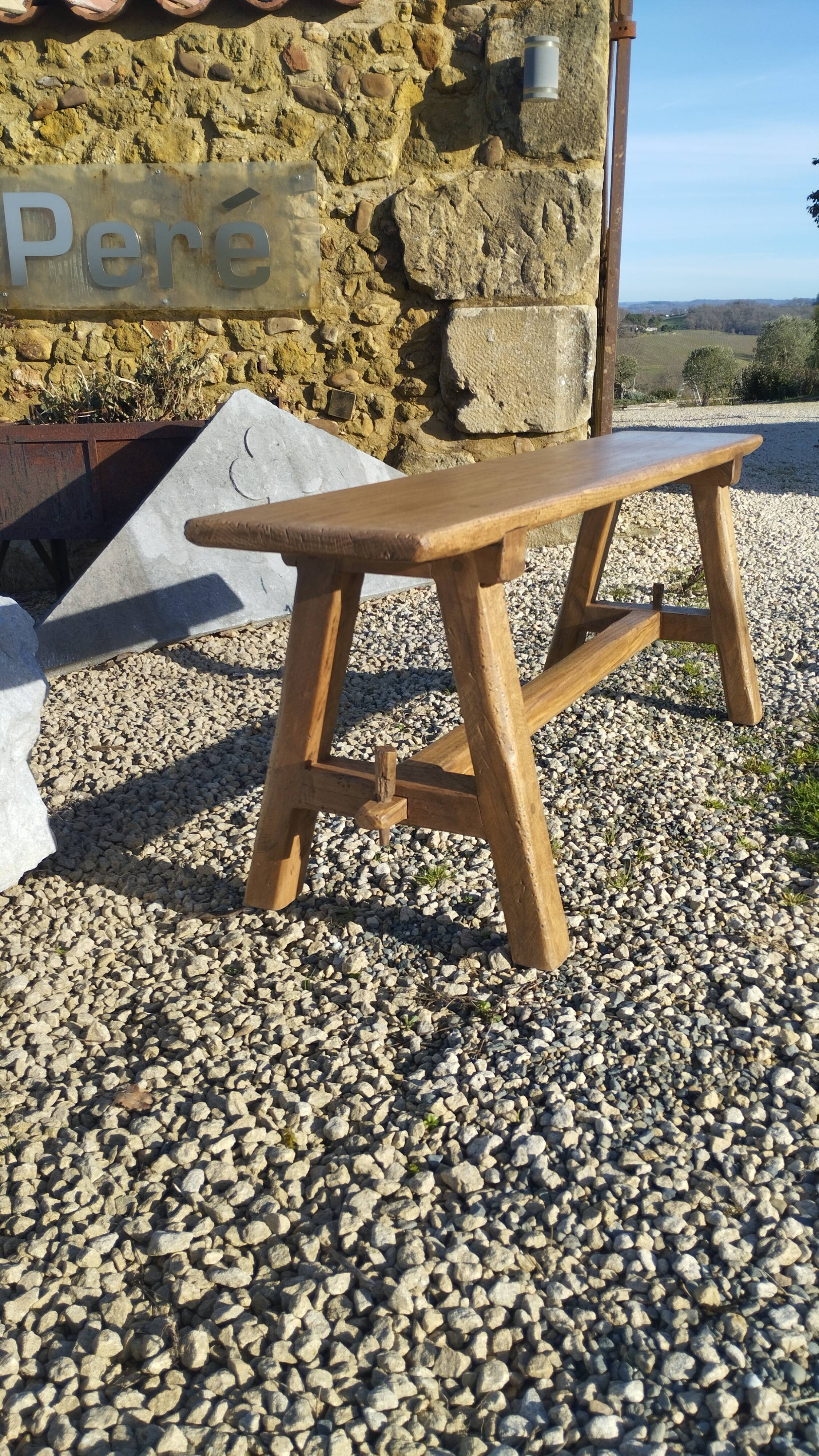 "A frame" bench in solid oak, patinated.