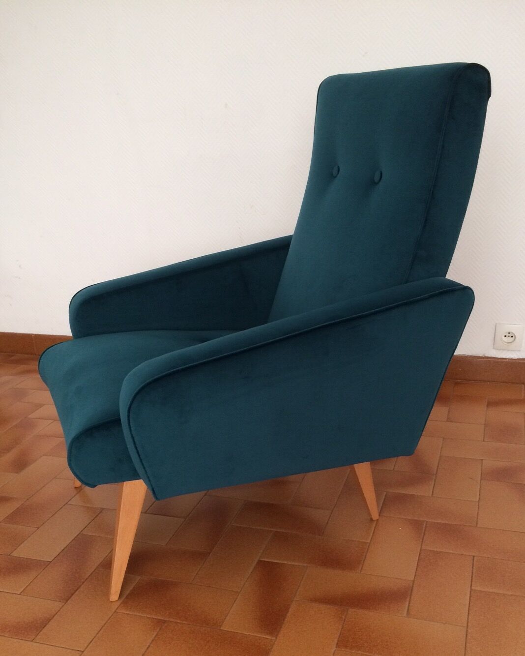 Armchair  50/60 years, duck blue velvet restored